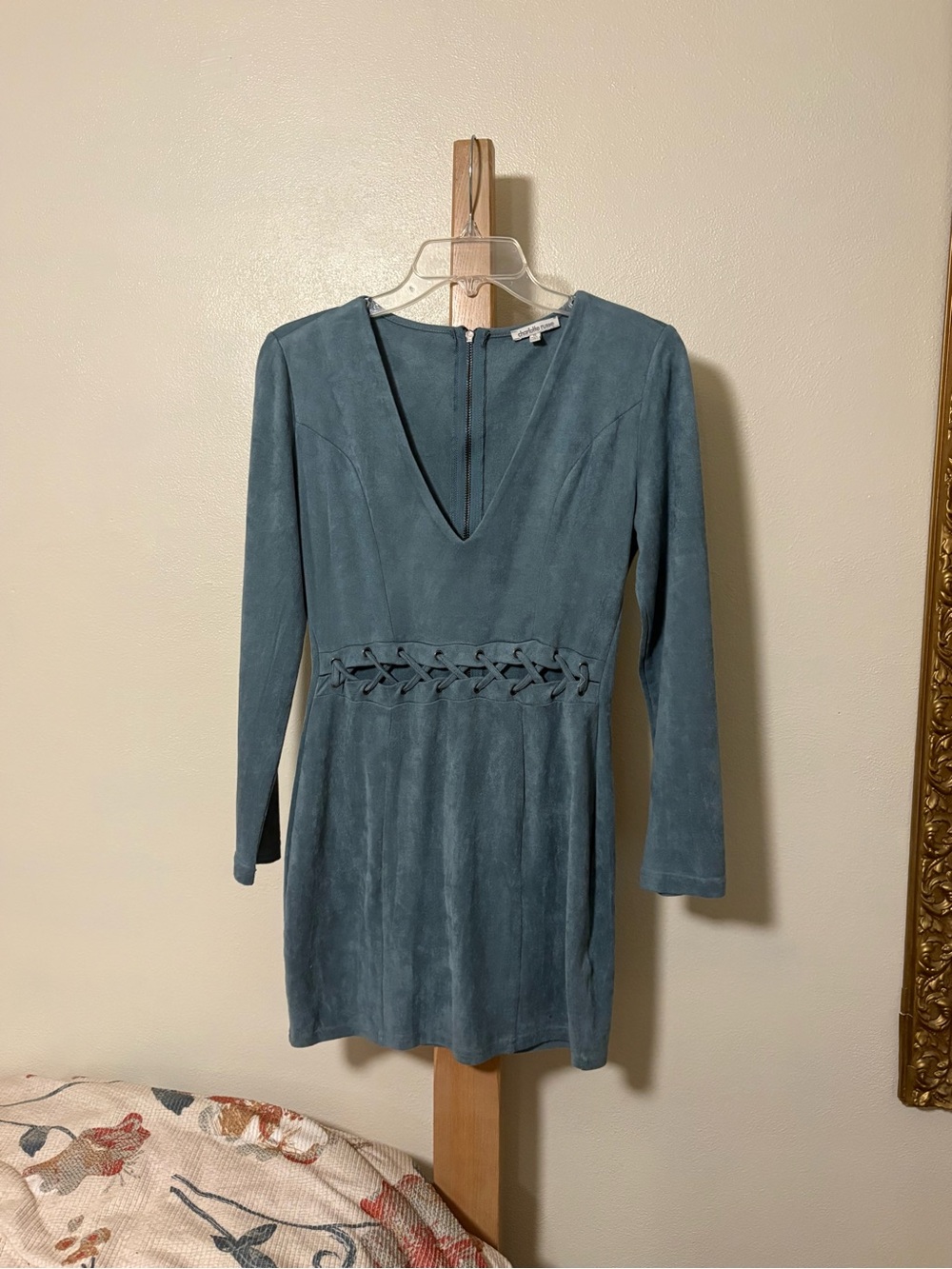 Charlotte Russe Teal Long-Sleeve Suede Dress with Lace-Up Waist